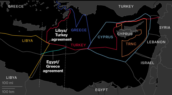 Χάρτης με αλληλοεπικαλυπτόμενες ΑΟΖ στην ανατολική μεσόγειο